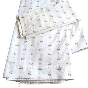 Vintage Double Flat Sheet Standard Pillowcase Set Pink Tulips Made In USA
